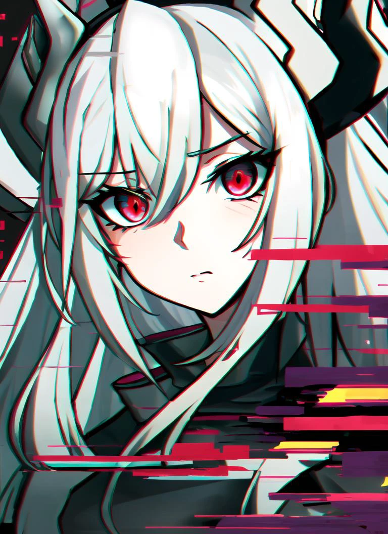 ((best quality)), ((highly detailed)), masterpiece, (detailed eyes, deep eyes), (1girl), upper body, lucifer(helltaker), long hair, white hair, red eyes, demon horns, white horns, demon tail, mole under eye, crown, shrug_(clothing), Glitching, glitch