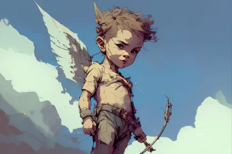 nvinkpunk, 8k, masterpiece, best quality, ultra-detailed, blonde, baby cupid holding a bow, clouds