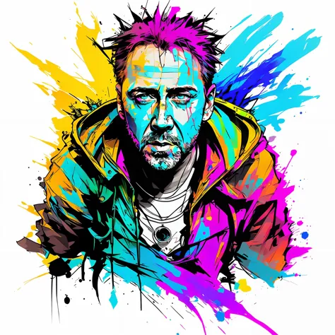 Nicolas Cage, nvinkpunk,paint splashes, splatter, outrun, vaporware, cell shaded, (masterpiece:1.2), best quality