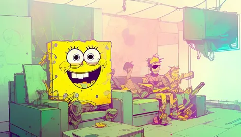 nvinkpunk, spongebob and patrick sitting on a couch