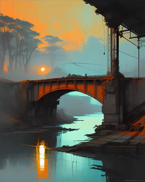 pintura a óleo cyberpunk de uma ponte sobre um rio