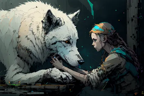 nvinkpunk, 8k, masterpiece, best quality, ultra-detailed, blonde, viking girl petting a white wolf