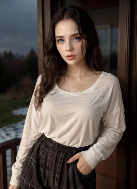 RAW Photo, professional color graded, BREAK portrait photograph of girl Re1slin, oversized shirt, stripped shirt, long sleeves, collarbone, pants, bedroom, royalty, night time, moonlit, sharp focus, HDR, 8K resolution, intricate detail, sophisticated detail, photorealistic, looking at viewer, 