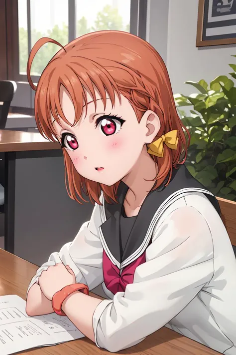 anime girl sitting at a table with a book and pen