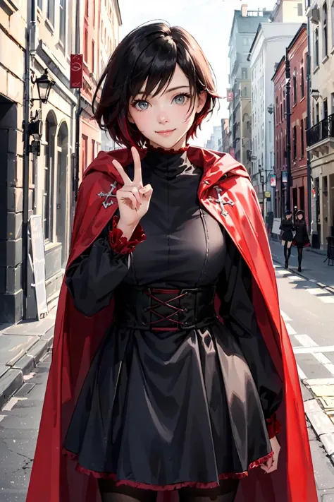 ((best quality)),((masterpiece)),(detailed),(realistic),(8k), (4k), cowboy shot, solo, 1girl, ruby rose, cute, smile, closed mouth, looking at viewer, peace sign:1, black dress, long sleeves, red cape, pantyhose, outdoors, school background behind her,