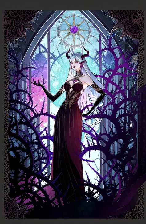 Concept art,tarot cards,borders,European patterns,1girl,dress,solo,long hair,stained glass,magic,breasts,long dress,horns,lipsti...