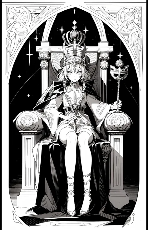 Concept art,tarot cards,borders,solo,sitting,1girl,throne,robe,crown,scepter,monochrome,long sleeves,jewelry,<lora:kapaiV2:0.7>,
