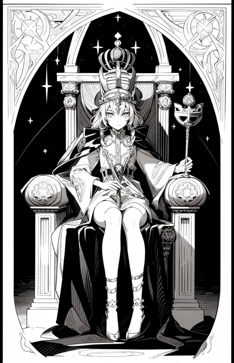 art conceptuel,cartes de tarot,les frontières,seulement,Séance,1fille,trône,peignoir,couronne,Sceptre,Monochromes,manches longues,bijoux,