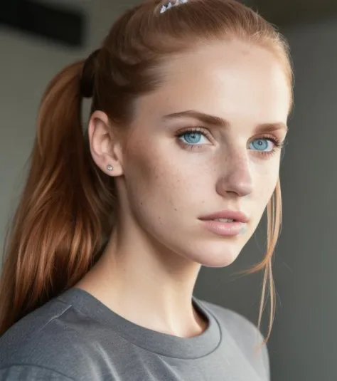 photo,8k,sharp focus,beautiful woman,close up,t-shirt,(detailed eyes:0.8),(looking at the camera:1.4),(highest quality),(best shadow),brown eyes,rim lighting,two tone lighting,dimly lit,low key,intricate details,interior,ponytails,ginger hair:1.3,open mout...