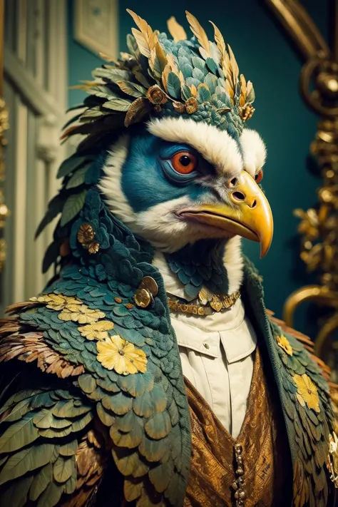 a close up of a bird wearing a costume with feathers