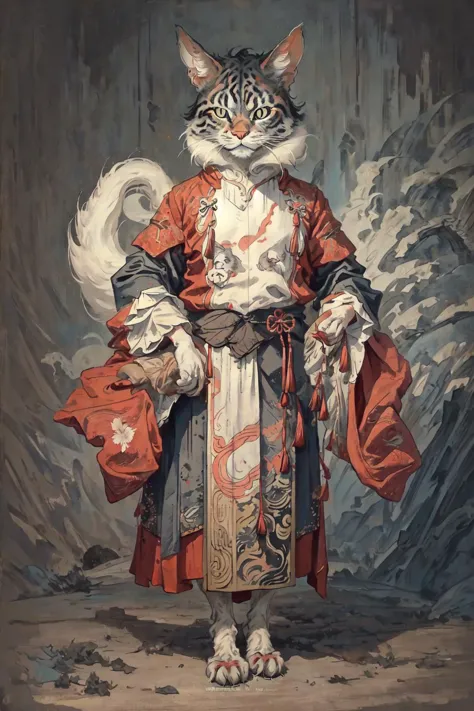 painting of a cat dressed in a kimono outfit with a dragon on it