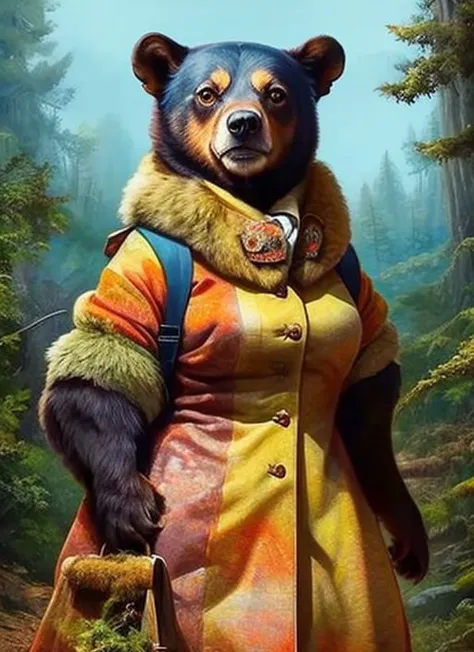 painting of a bear dressed in a coat and a backpack