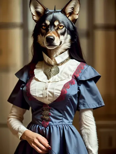 araffe dressed in a blue dress with a white collar and a red collar