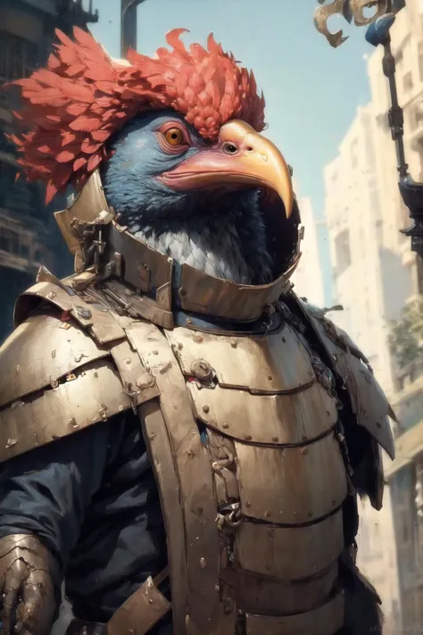 a close up of a bird wearing a helmet and armor