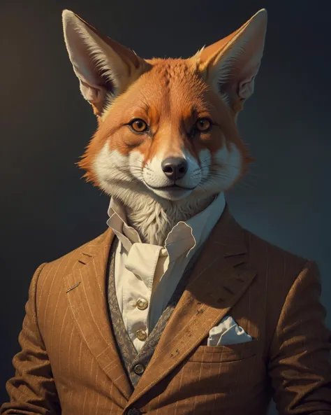 portrait of anthro male fox, brown suit, hat, <lyco:GPTS3 animals_258424:1>
interlaced, dramatic lighting, masterpiece, best quality, photorealistic, hyperrealistic