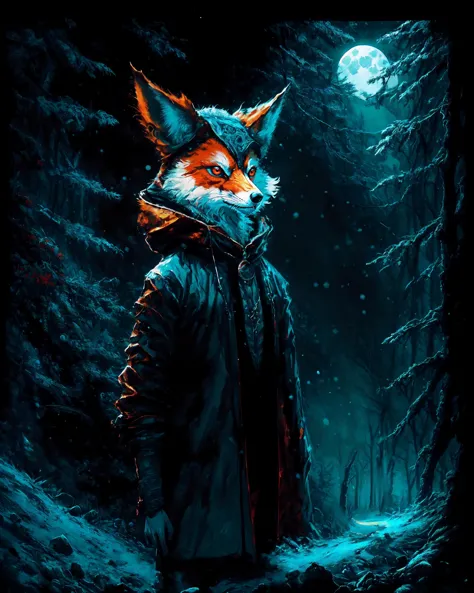 a fox in a coat standing in the woods with a full moon