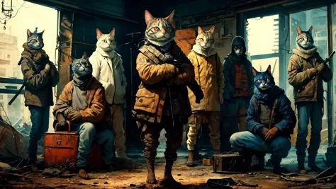 arafed image of a group of cats in a room with a man