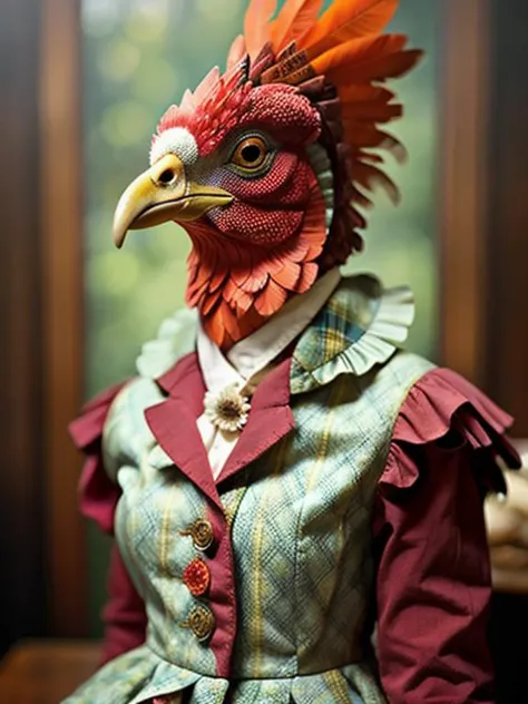 a close up of a bird wearing a dress and a hat