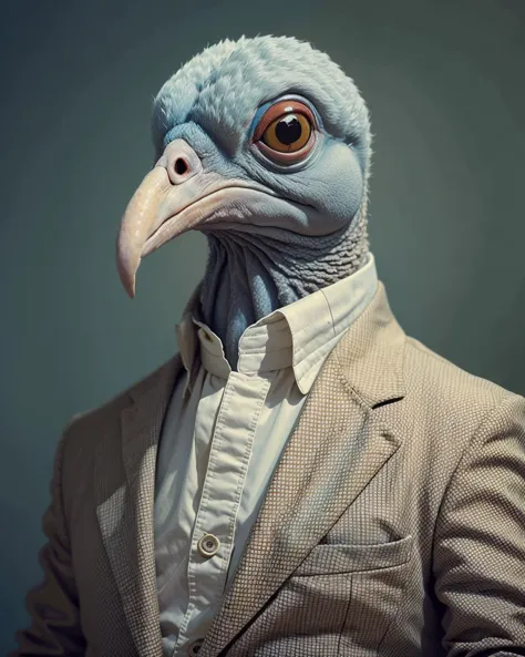 a close up of a bird wearing a suit and tie