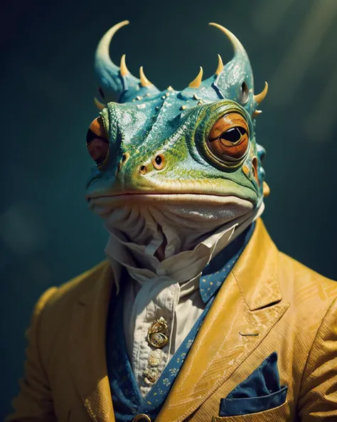 there is a lizard wearing a suit and tie with horns