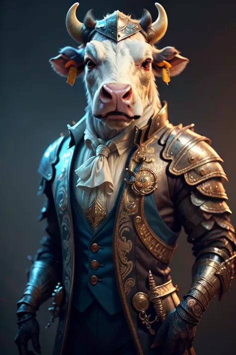 a close up of a cow wearing a suit and a helmet