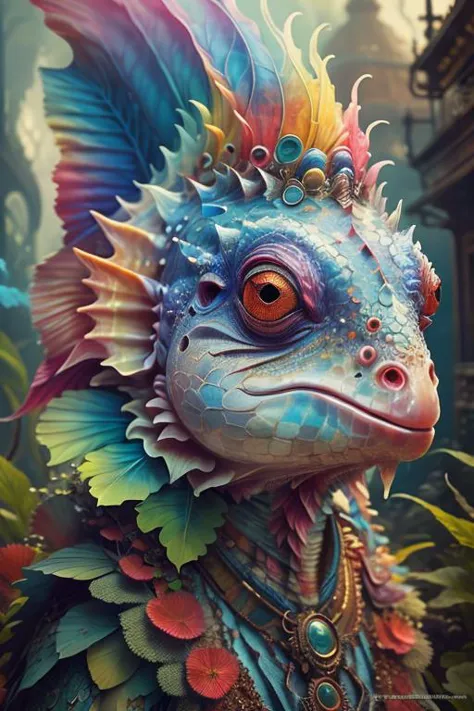 a close up of a colorful creature with a headdress and feathers