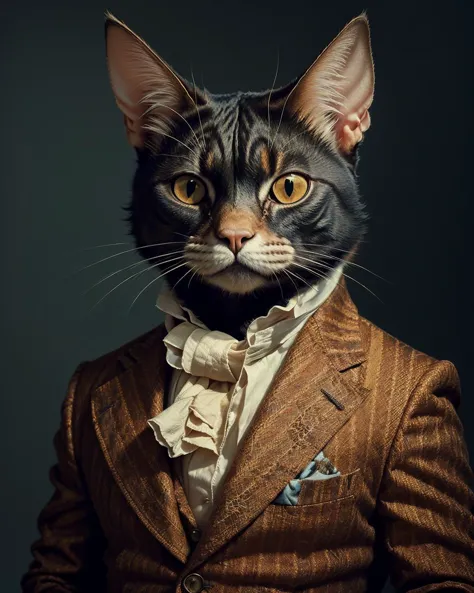 arafed cat wearing a suit and bow tie with a dark background