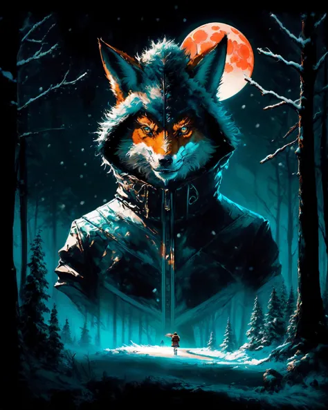 a painting of a wolf with a knife in the woods