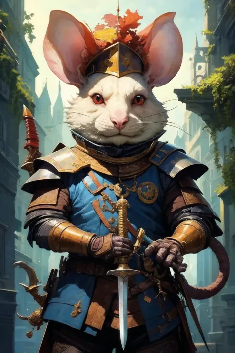 a close up of a mouse with a sword and armor