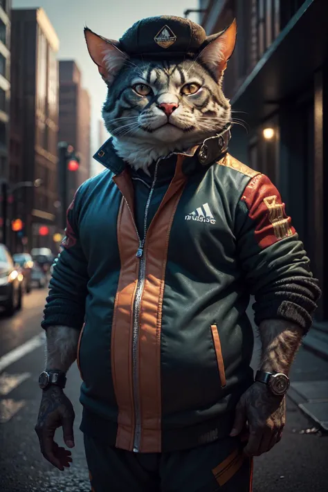 arafed cat wearing a jacket and hat standing on a city street