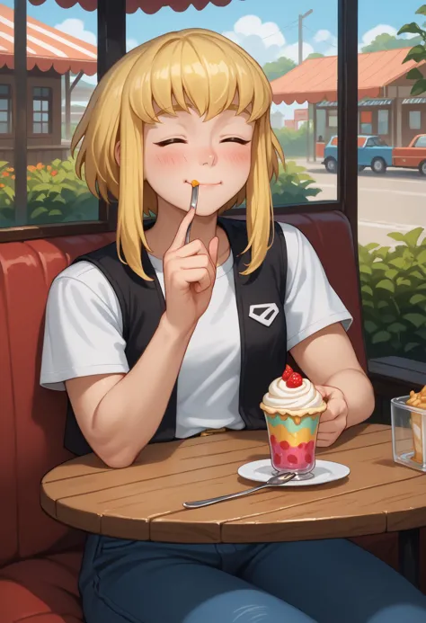 anime girl sitting at a table with a cupcake and a fork