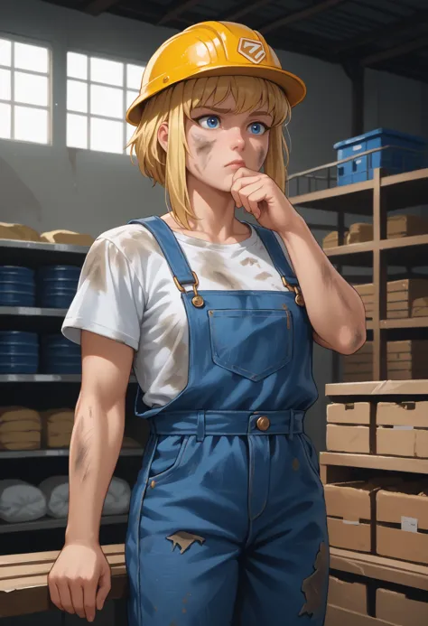 score_9, score_8_up, score_7_up, 1girl, solo, karazoreldef, blue eyes, short hair, blonde hair, medium breasts, toned, 
hard hat...