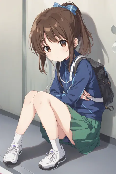 anime girl sitting on the floor with her legs crossed