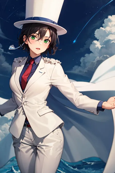 anime girl in white suit and top hat standing on a beach