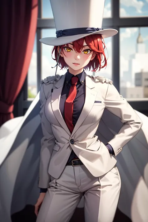 anime girl in a suit and hat posing for a picture