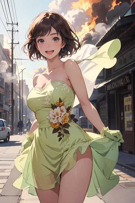 8k high quality detailed,highres,anime,comic,detailed image,
(an illustration of a teenage girl posing,(an illustration of girl,teenage girl)),(magazine_illustration),(magazine_sheet),
(1girl,asian_female,gradient hair, short hair, bangs, brown eyes, thin|skinny, large breasts,(Pleased Smile)),detailed_face,realistic_skin_texture,
(rushing out of burning city,screaming),
((,bridal,jewelry,gloves,holding bouquet,yellow bridal veil,collarbone):0.8),realistic clothing texture,