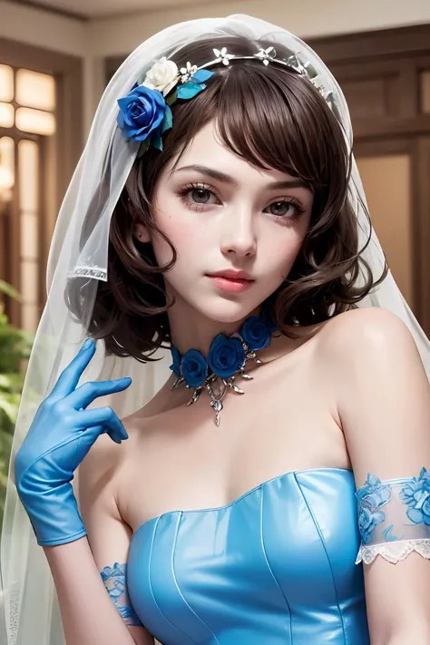 a close up of a woman wearing a blue dress and gloves