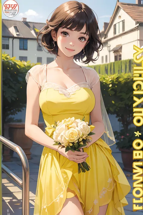 8k high quality detailed,highres,anime,comic,detailed image,
(an illustration of a teenage girl posing,(an illustration of girl,teenage girl)),(magazine_illustration),(magazine_sheet),
(1girl,asian_female,gradient hair, short hair, bangs, brown eyes, thin|skinny, large breasts,(Pleased Smile)),detailed_face,realistic_skin_texture,
(full scorpion),
((,bridal,jewelry,gloves,holding bouquet,yellow bridal veil,collarbone):0.8),realistic clothing texture,<lora:YellowBridal:0.7>