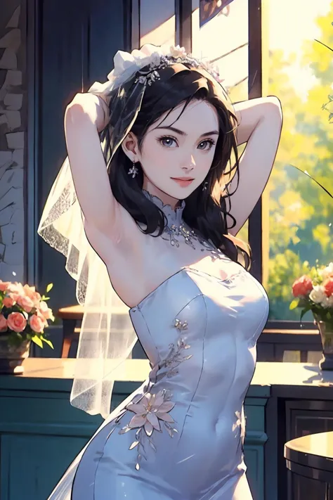 8k high quality detailed,highres,anime,comic,detailed image,
(an illustration of a teenage girl posing,an illustration of girl,teenage girl,magazine_sheet),(magazine_illustration),
((zhuyin,1girl,medium hair,pale skin,medium breasts):0.9),Genuine Smile,detailed_face,
(, adjusting hair,arms up),
((bridal,bare shoulders, flower,black bridal veil,black gloves):0.85),(,realistic clothing texture,realistic_skin_texture),