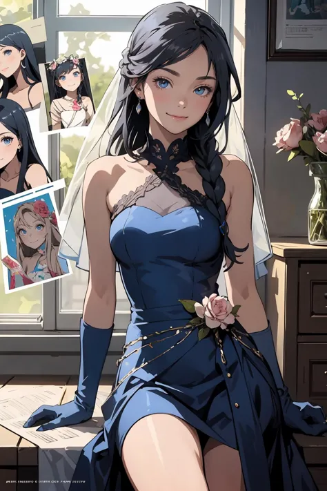 8k high quality detailed,highres,anime,comic,detailed image,
(an illustration of a teenage girl posing,(an illustration of girl,teenage girl)),(magazine_illustration),(multiple view manuscript),(magazine_sheet),
(1girl,asian_female,blue hair, long hair, side braid, two-tone eyes, dark skin, dark-skinned female, medium breasts,(Wry Smile):0.85),detailed_face,realistic_skin_texture,
((Sitting on a window ledge, legs folded, looking outside with a smile,):0.8),
((bridal,flower, bare shoulders,blue gloves,blue bridal veil, rose):0.8),realistic clothing texture,