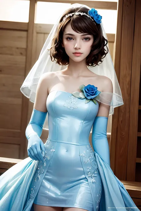 a woman in a blue dress and gloves posing for a picture