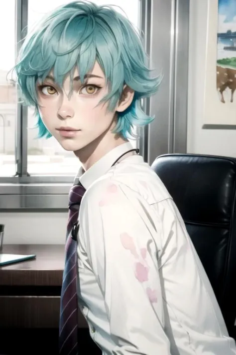 masterpiece, best quality, photorealistic, 1boy, solo, male focus, looking at viewer, , depth of field, (watercolor illustration, soft pastel colors:1.1), realistic, <lora:toto_sakigami:0.76>, toto_sakigami, aqua hair, yellow eyes, businessman costume, The Tower of Destiny, 2k resolution