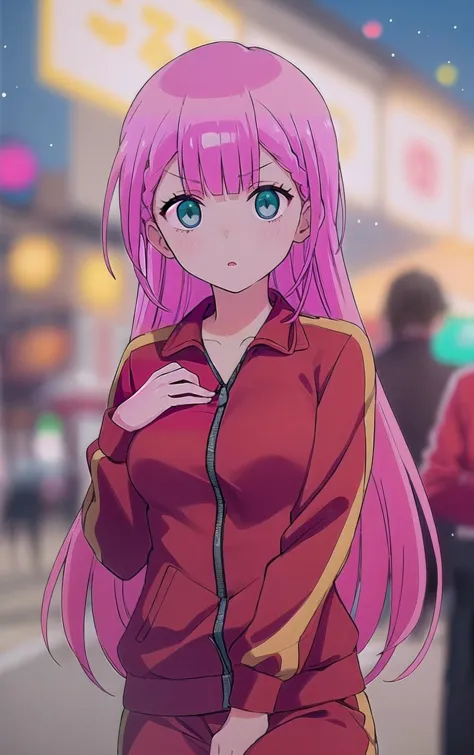 a close up of a person with pink hair and a jacket