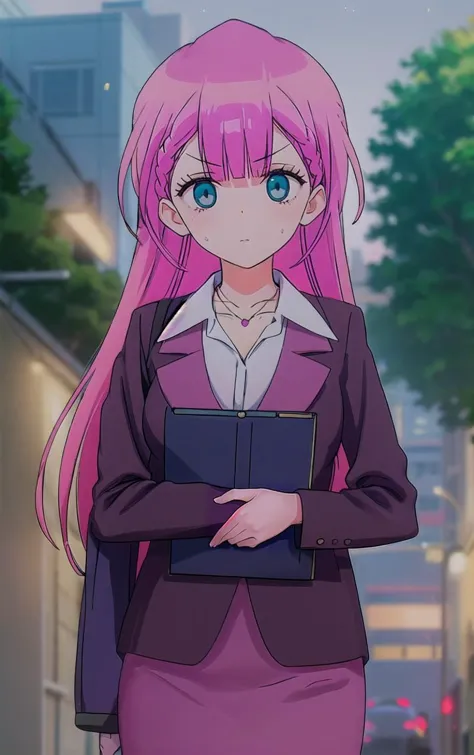 anime girl with pink hair and blue eyes in a city street