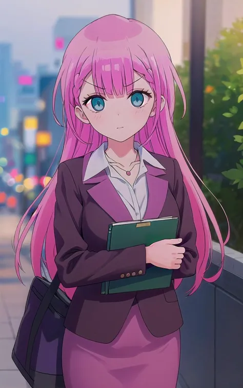 anime girl with pink hair and blue eyes holding a book