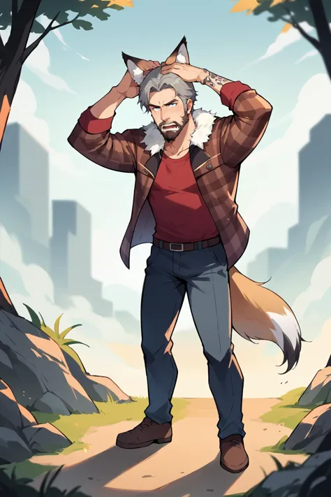 a cartoon of a man with a fox head and a red shirt