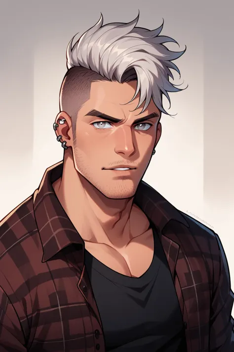 a close up of a man with a white hair and a plaid shirt