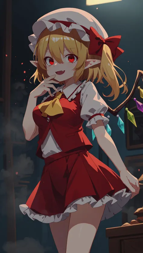 flandre scarlet, ascot, tsurime, blonde hair, puffy short sleeves, pointy ears, mob cap, red ribbon, puffy sleeves, hat ribbon, ...