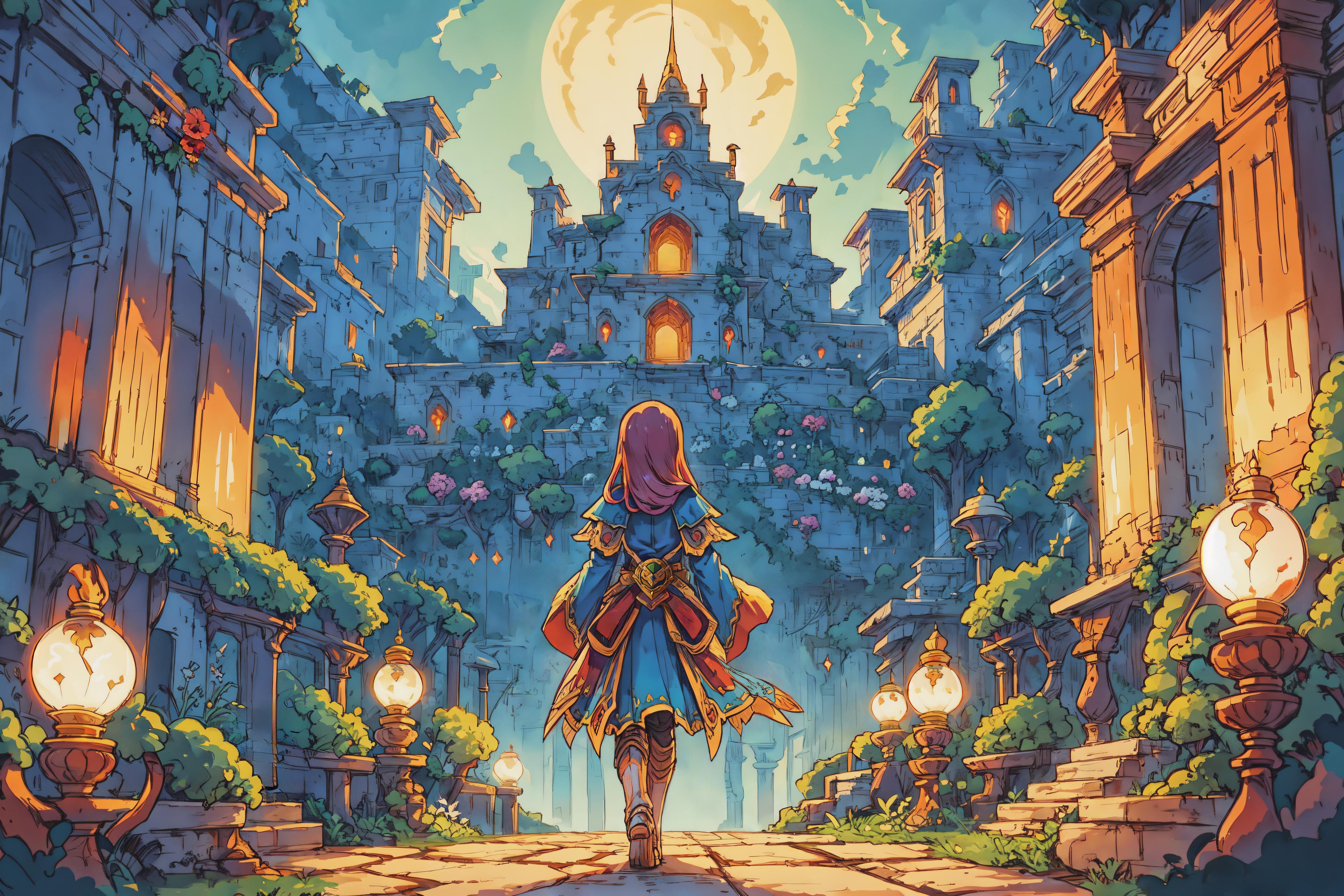 青いドレスを着た女性がランタンを持って城の前に立っている SeaArt AI