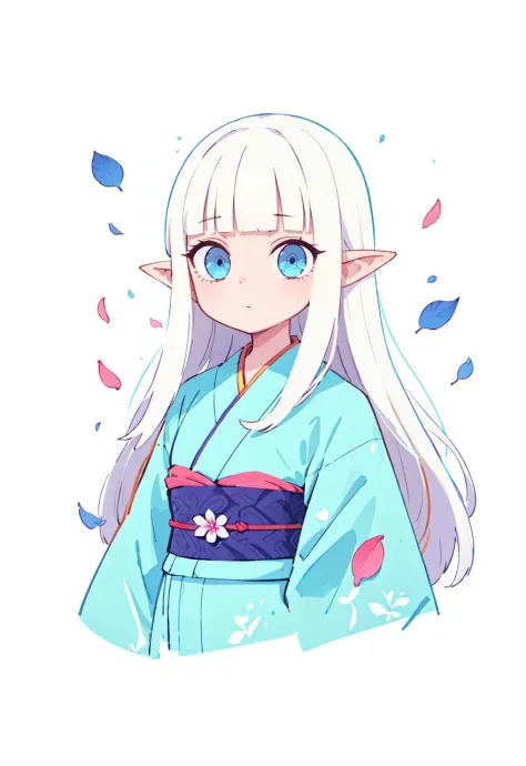 perfect image, best quality, watercolor, 1girl, kimono, flowers and petals, beautiful concept illustration, (white background:1.1), (open hair, long hair, straight hair, white hair, hime cut, blunt bangs, azure eyes, pointy ears:1.1),